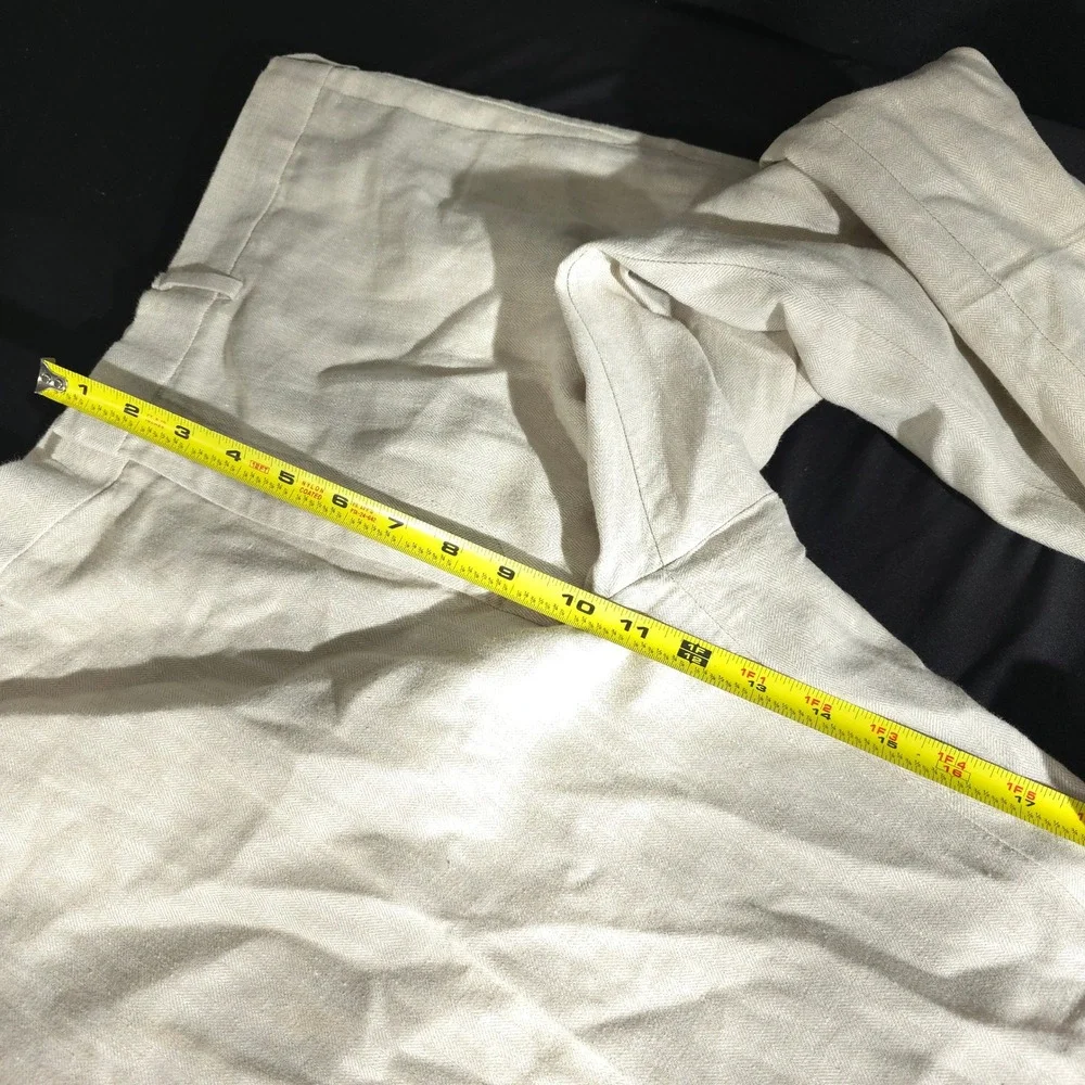 Perry Ellis Linen Blend Pants Mens 36x32 Cream Herringbone Flat Front Straight